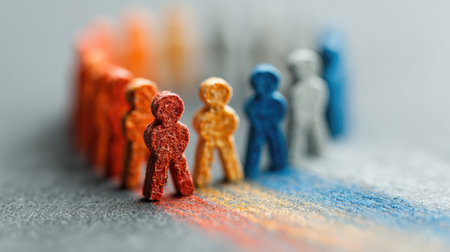 Colorful figurines in various shades symbolize teamwork and diversity, arranged in a circle against a gray backdrop, representing unity and collaboration.の素材