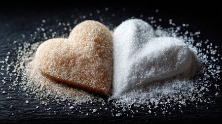 Close-up of heart-shaped piles of brown sugar and white sugar on a dark surface, symbolizing sweetness and love, perfect for culinary and romantic themes.の素材