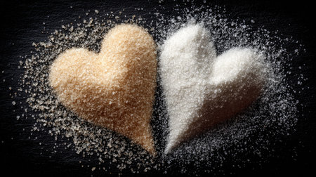 This captivating image features heart-shaped piles of brown and white sugar on a dark background, symbolizing love in culinary creations. The contrasting textures and colors highlight the sweetness in both food and relationships.の素材