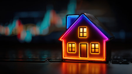A vibrant neon house model illuminated with colorful lights, set against a blurred financial graph background, symbolizing home investment and security.の素材