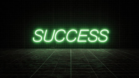 This vibrant neon sign showcases the word "SUCCESS" in a glowing green hue, set against a dark grid-patterned background, symbolizing achievement and motivation.の素材