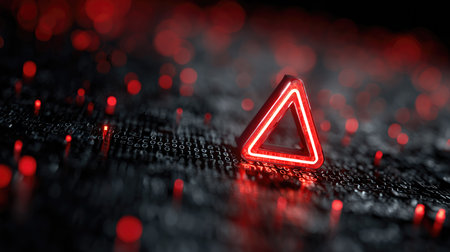 A striking neon red warning triangle illuminates a dark digital background filled with binary code and glowing dots, creating a modern, abstract, and high-tech feel.の素材