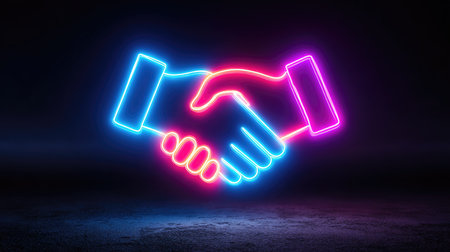 This vibrant neon illustration of two hands shaking symbolizes partnership and collaboration in a modern context. Perfect for showcasing teamwork and trust in business.の素材