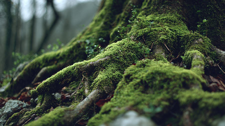 Explore the intricate details of tree roots enveloped in lush green moss, showcasing nature's beauty and tranquility in a serene forest environment.の素材