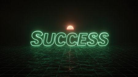 A striking neon sign spelling out 'Success' shines brightly against a dark background, with a warm sunset casting an ethereal glow, symbolizing achievement.の素材
