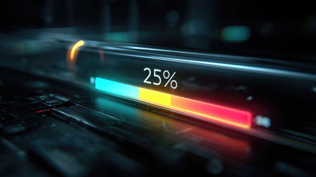 A modern, high-tech progress bar indicating 25 percent completion, set against a sleek digital background with vibrant neon colors and futuristic design elements.の素材