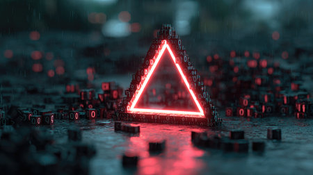 A striking neon triangle illuminated in a rainy scene, surrounded by floating binary digits, captures a futuristic and abstract digital concept.の素材