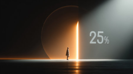 A captivating modern abstract scene featuring a silhouette standing before a luminous opening displaying a percentage symbol, creating a striking visual contrast.の素材