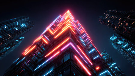 A striking view of a futuristic cityscape featuring tall skyscrapers adorned with vibrant neon lights, creating a mesmerizing visual spectacle at night.の素材