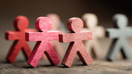 A vibrant arrangement of wooden figures in different colors symbolizes connection and unity. Ideal for concepts of teamwork, community, and childhood.の素材