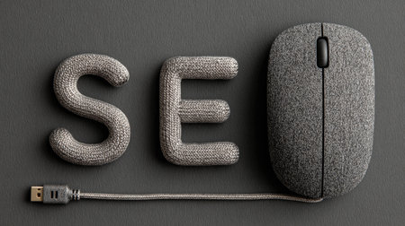 Visual representation of SEO theme featuring textured letters and a computer mouse, ideal for digital marketing and technology projects.の素材