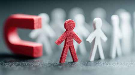 This striking image depicts a red figure being drawn towards a magnet, symbolizing the concept of attraction and influence in a professional context.の素材