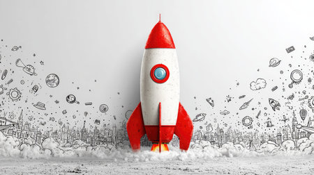 A vibrant vintage rocket ship illustration bursts into life amidst whimsical doodles of planets and stars, perfect for projects focused on creativity and exploration.の素材