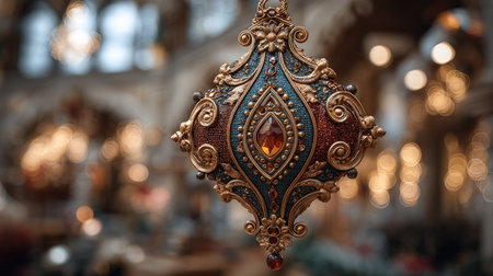 This stunning ornate pendant features a rich amber stone, showcasing exquisite craftsmanship and elegance in a beautifully blurred interior background.の素材