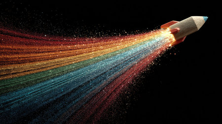A vibrant rocket soars against a dark background, leaving behind a stunning trail of rainbow sparkles and dust, symbolizing creativity and exploration.の素材