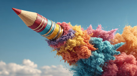 A stunning image of a vibrant colored pencil portrayed as a rocket, launching through a colorful explosion of powder pigments against a clear sky.の素材