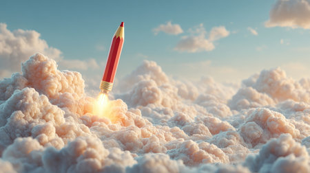 A vibrant red pencil takes flight from a sea of fluffy clouds, symbolizing creativity and imagination against a bright blue sky, inspiring new ideas.の素材