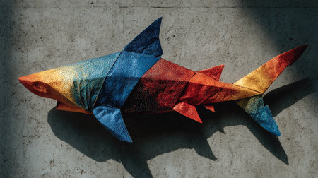 A stunning and vibrant shark sculpture made of colorful fabric, perfectly blending modern design with artistic expression. Dynamic textures and shadows enhance its visual appeal against a concrete background.の素材