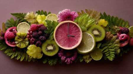 A stunning display of fresh fruits, vibrant flowers, and a clock, symbolizing the passing of time in relation to healthy living and nourishment.の素材
