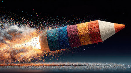 A colorful pencil is captured in a dynamic launch, surrounded by vibrant particles and an explosive powder effect, creating a striking visual representation of creativity.の素材
