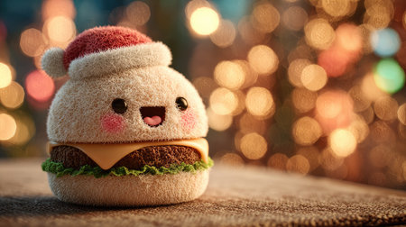 This adorable plush hamburger toy features a cheerful face and a Santa hat, making it a delightful holiday decoration or gift. Perfect for kids and adults!の素材