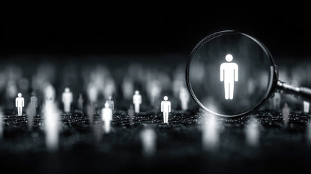 A magnifying glass highlights a single figure among numerous outlined icons against a dark backdrop, symbolizing personal focus in a crowded landscape.の素材