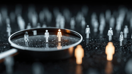 A striking representation of individuality and isolation, this image features a magnifying glass highlighting one figure in a blurred crowd, symbolizing focus and attention.の素材