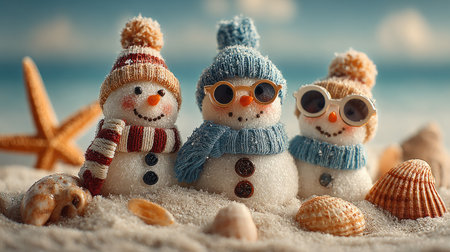 Three charming snowmen wearing colorful knit hats and sunglasses enjoy a sunny day at the beach, surrounded by seashells and starfish, radiating joy.の素材