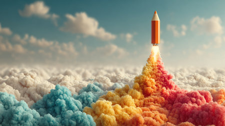 A whimsical image of a colorful pencil-shaped rocket ascending into a bright sky filled with vibrant clouds, representing creativity and exploration.の素材