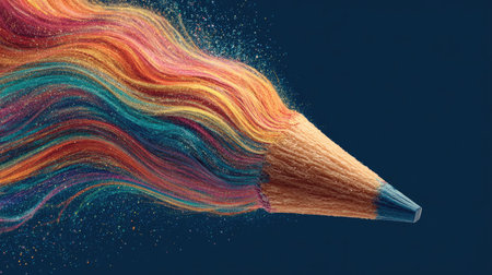 A colorful pencil releases vibrant shavings that blend together to form a stunning rainbow effect against a dark background, symbolizing creativity and inspiration.の素材