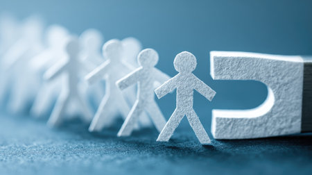 A visual representation of paper figures being drawn towards a magnet, symbolizing attraction, connection, and teamwork on a serene blue background.の素材