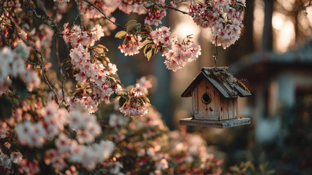 A beautifully crafted wooden birdhouse hangs amidst delicate cherry blossoms, bathed in soft sunrise light, creating a serene and enchanting garden scene.の素材