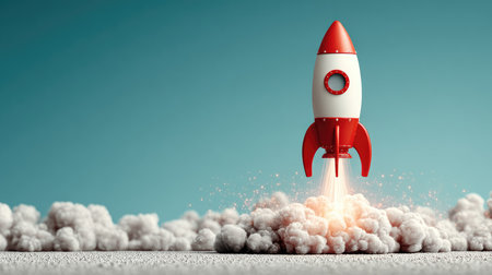 A retro-styled rocket is blasting off against a serene blue sky, surrounded by dramatic smoke clouds. This image symbolizes adventure and innovation.の素材