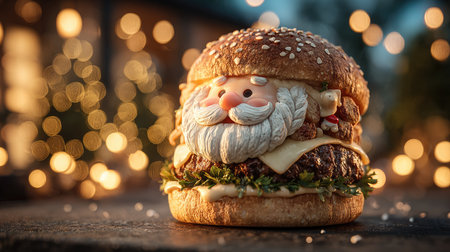 A whimsical burger featuring a Santa Claus face, set against a dreamy bokeh background. Perfect for celebrating the holiday season joyfully.の素材