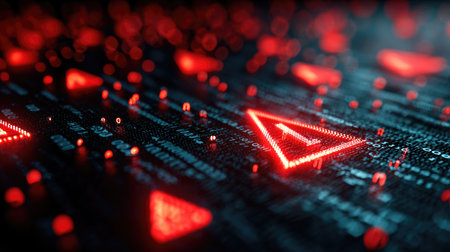 This abstract digital background features glowing red triangles against a backdrop of binary code, creating a vivid representation of modern technology and innovation.の素材
