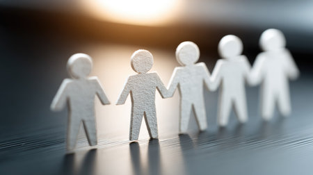 This image features paper cutouts of people holding hands, representing unity and teamwork. It symbolizes cooperation and community spirit in a creative context.の素材