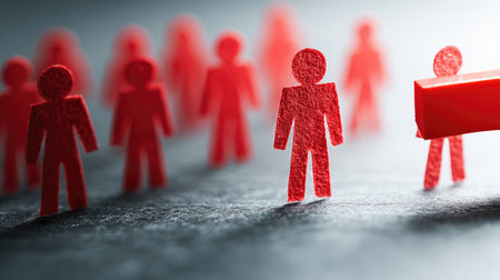 This image showcases a set of red abstract figures representing teamwork and collaboration against a softly blurred backdrop. Perfect for illustrating concepts of networking and community in various creative projects.の素材