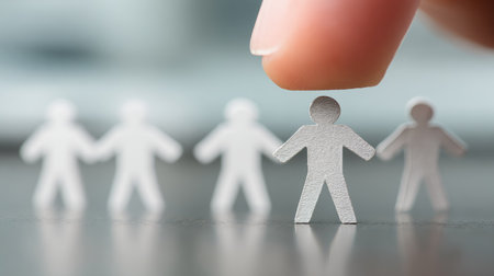 Close-up view of a hand selecting a paper cutout figure from a group, symbolizing individuality and decision-making in teamwork and collaboration.の素材