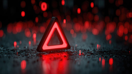 This captivating image features a red neon triangle sign casting light on a dark reflective surface adorned with glowing binary digits, creating a futuristic ambiance.の素材