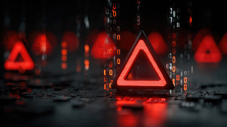 A striking red triangle emits a vibrant glow in a dark digital landscape filled with cascading binary codes, creating a captivating futuristic atmosphere.の素材