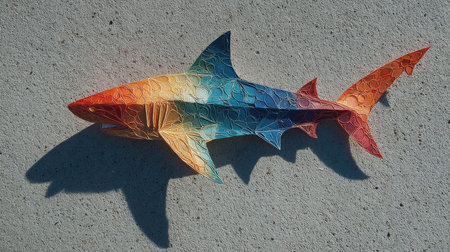 This vibrant handmade paper shark showcases intricate patterns and a stunning gradient of colors. Perfect for ocean-themed decor or artistic inspiration.の素材