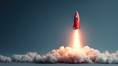 A vibrant red rocket blasts off into the sky, surrounded by billowing clouds and vibrant flames, symbolizing adventure, innovation, and exploration.の素材