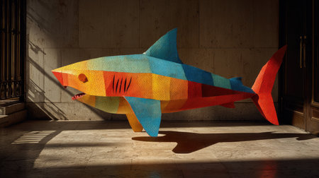 A vibrant shark sculpture made of colorful materials stands in a modern interior space, showcasing artistic design and unique craftsmanship that captivates viewers.の素材