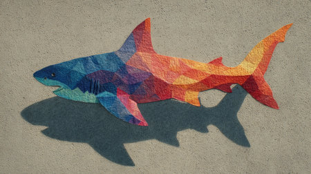 This vibrant, geometric shark mural on a concrete wall features a striking array of colors and a dynamic shadow, showcasing modern artistic expression.の素材