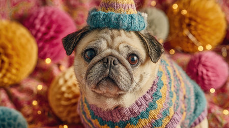 An endearing pug dressed in a colorful sweater and party hat is set against a backdrop of vibrant decorations, radiating warmth and joy.の素材