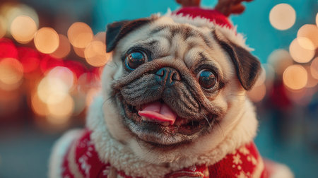 This delightful image features a cheerful pug dog dressed in a festive holiday outfit with reindeer antlers, surrounded by vibrant bokeh lights.の素材