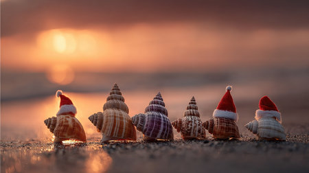 Delightful arrangement of seashells in festive Santa hats along a sandy beach during sunset. This whimsical scene captures a unique blend of nature and holiday spirit.の素材