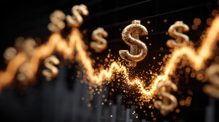 This image portrays a dynamic financial growth concept with sparkling dollar signs and a rising chart, symbolizing investment success and economic prosperity.の素材