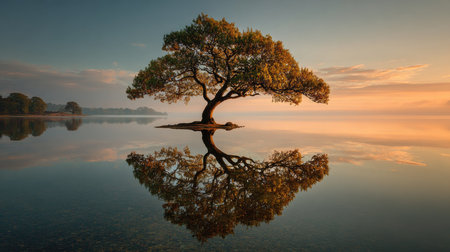 A stunning view of a solitary tree standing in calm water at sunrise, creating a perfect reflection and inviting a sense of peace and tranquility in nature.の素材