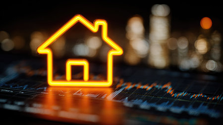 This artistic image features a glowing neon house icon set against a backdrop of financial data and a blurred city skyline at twilight.の素材
